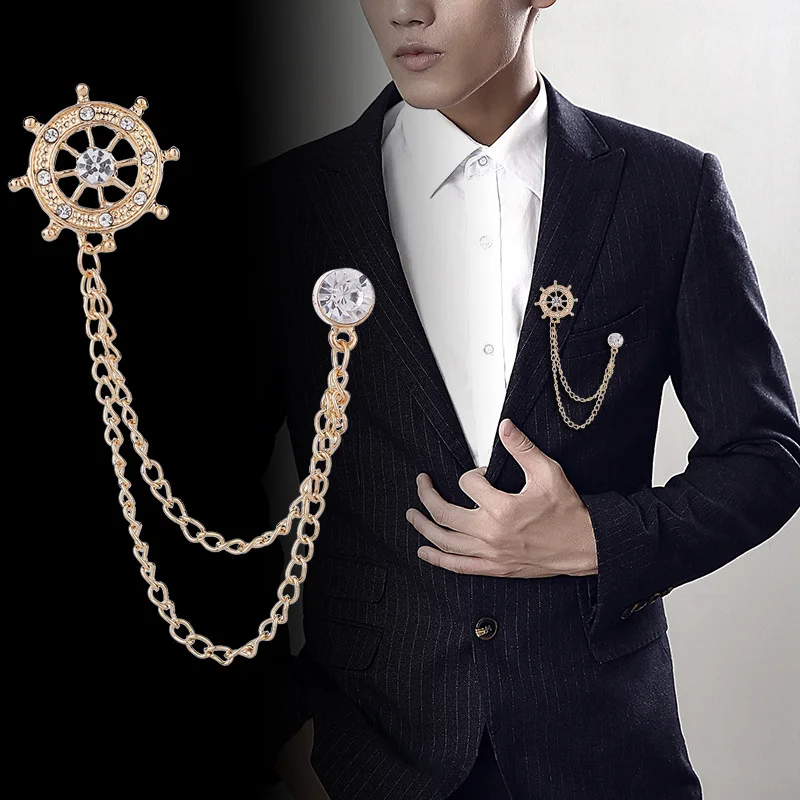 

Korean Metal Rudder Rhinestone Brooch Tassel Chain Pin Men's Suit Shirt Badge Coat Corsage Female Jewelry for Women Accessories