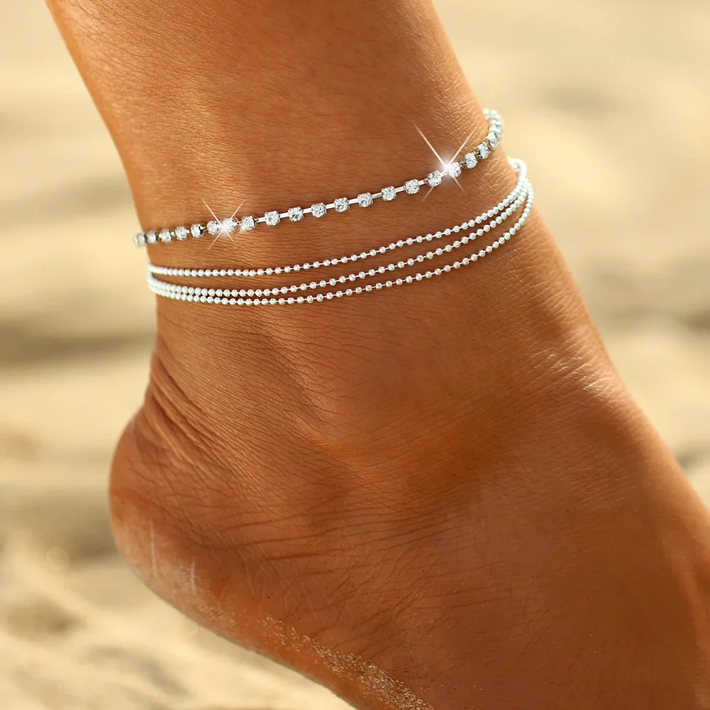 

New Hot Sale Fashion Silver Crystal Zircon Beads Bracelet Anklets Ankle Chain Rhinestones Foot Jewelry Crystal Leg Bracelets