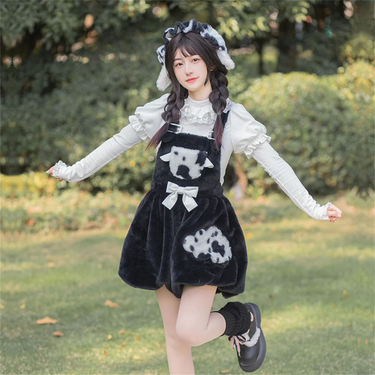 

Japanese Sweet Style Cosplay Kawaii Girls Lolita Jsk Cute Loli Winter Warm Fluffy Cows Pockets Ribbon Bowknot Flower Rompers