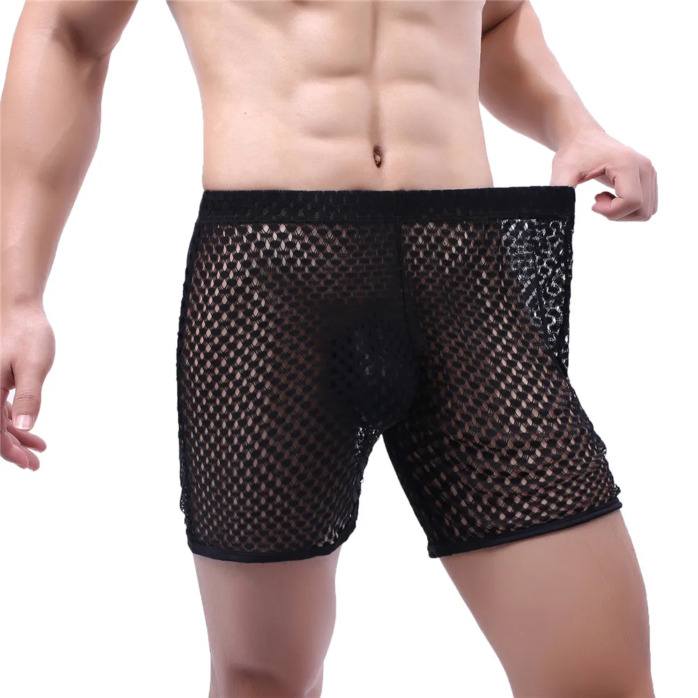 FYXLJJ Men's Sexy Sleepwear Boxers Fishnet Mesh Loose Boxer Hollow Out See Through Men Pajamas Long Leg Boxershorts Sleep Bottom