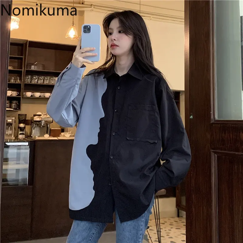 

Nomikuma Blusas Para Mujer Spring Autumn Contrast Color Patchwork Loose Shirts for Women Retro Harajuku Street Chemise Femme