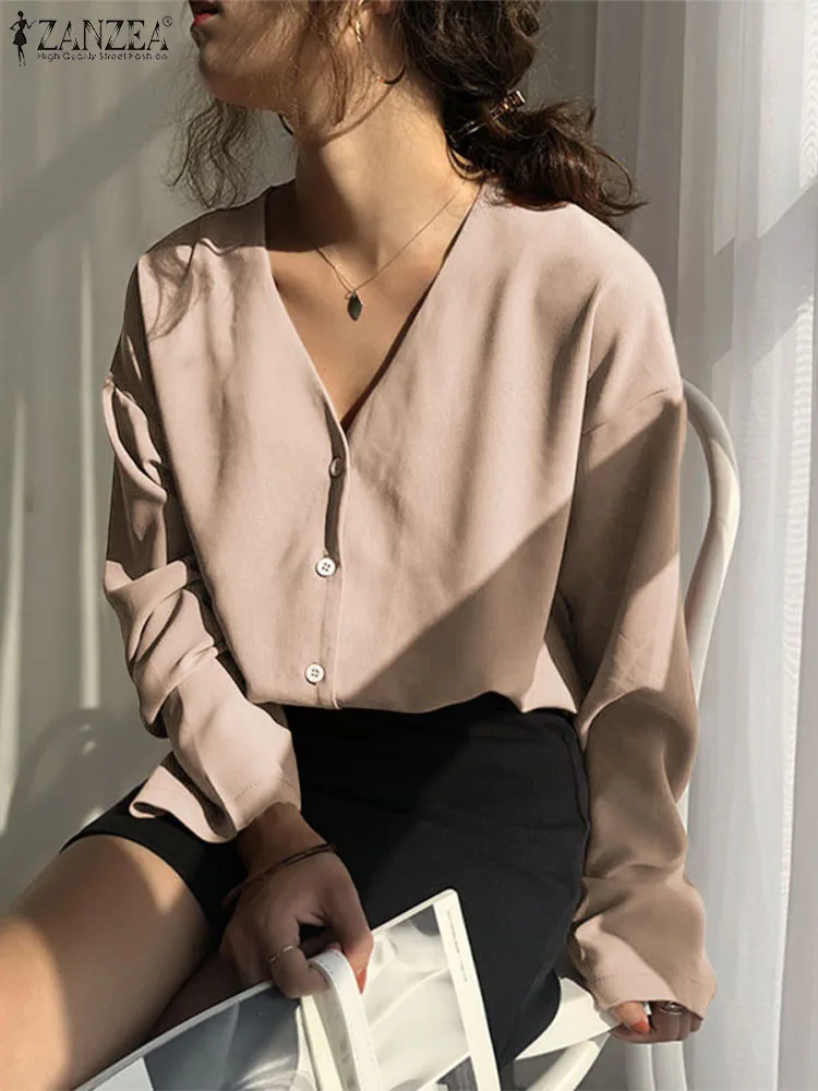 

Топ ZANZEA однотонный на пуговицах с открытыми плечами и длинным рукавом, новинка 2023, повседневные женские рубашки с V-образным вырезом, элегантная одежда