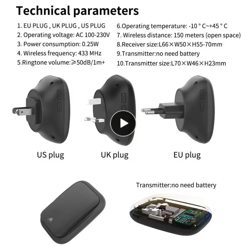 

Door Bell 32 Songs Sensitive Wireless Doorbell Waterproof High-quality Convenient Doorbell Transmitter Self-powered Ip68 150 W