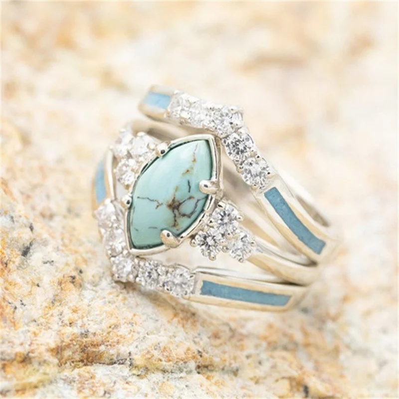 

3Pcs/set Women's Gold Multilayer Hollow Turquoise Ring Band Exquisite Moissanite Engagement Wedding Rings Ethnic Anniversary