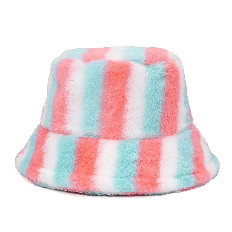 Autumn Winter Faux Fur Rainbow Striped Womens Bucket Hats Thick Warm Lady Fluffy Panama Hats Outdoor  Velvet Fisherman Hats images - 6