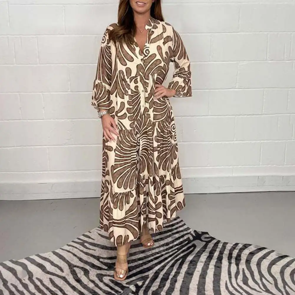 

Loose Style Dress Lady Fall Spring Long Dress Vintage Print Maxi Dress Contrast Color Ninth Sleeves High Waist Ankle for Women