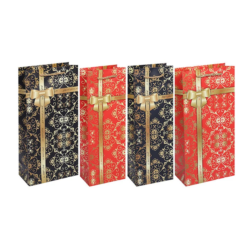 

10pcs Black Red Gift Box Cardpaper Wine Bag Single Double Bottle Gold Ribbon Bow Printing Gift Holder Christmas New-year
