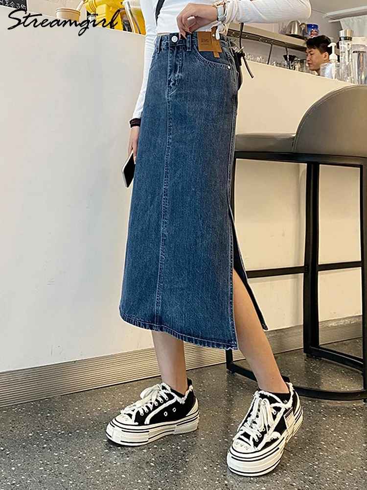 

Women Denim Midi Skirt With Slit A Line Bandage Skirts Womens 2022 Jean Skirt Midi Split High-waisted Skirt Jeans Women 2022 New