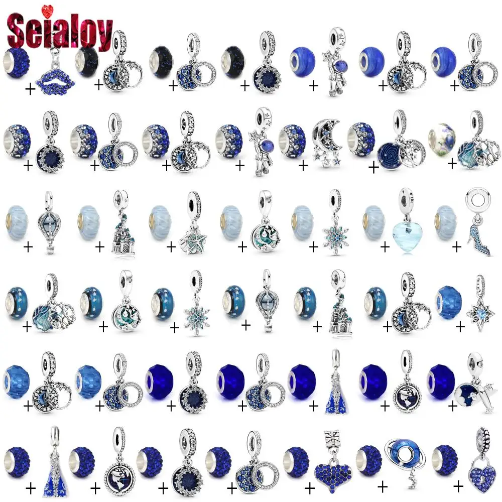 

Seialoy 2pcs Blue Glass Beads Starry Sky Charm Fit Diy Bracelet & Necklace Star Moon Reindeer Pendant Handmade Jewelry Accessory