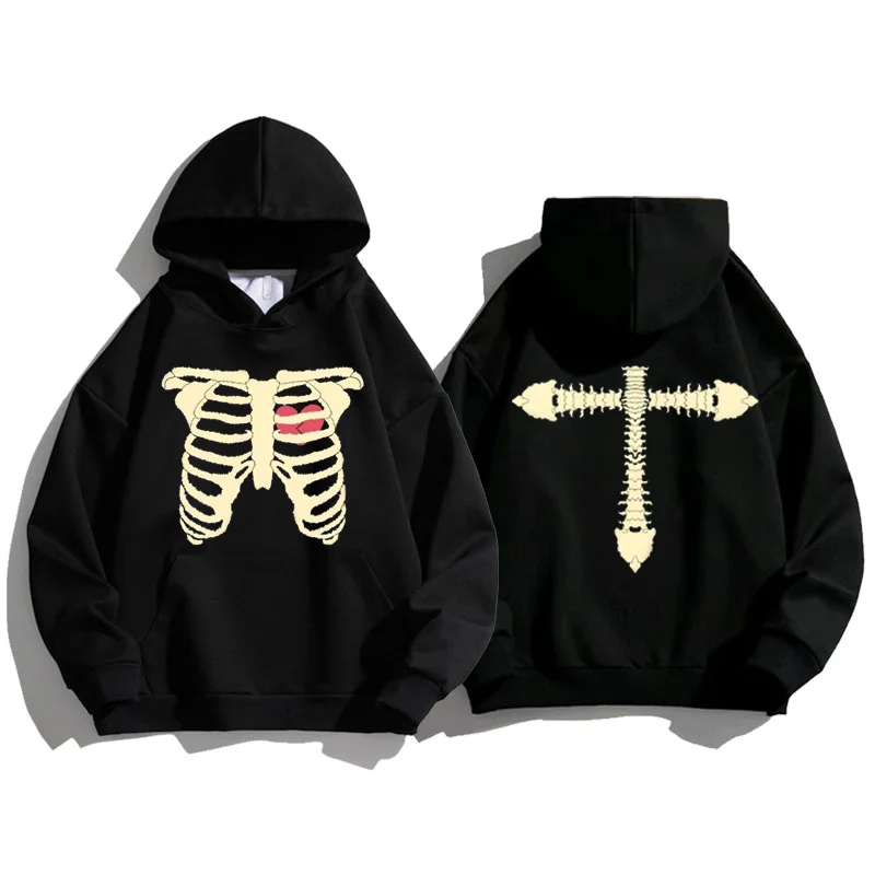 

Skeleton Double-Sided Printed Sweater Winter New Men's Oversize Loose Neutral Long Sleeve Top Hip Hop Retro Casual Y2k Hoodie
