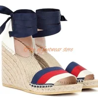 Lace up Wedges Sandals Ankle Strap Straw Woven High Heels Party Shoes Sexy Summer Shoes 2022 Holiday Luxury Designer Big Size