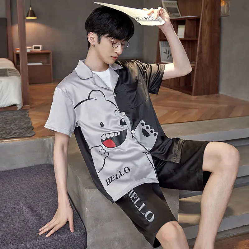 1 Ice Silk Pajamas Men's Summer Thin 2023 New Outwear Short Sleeve Summer Silk Home Furnishing Set