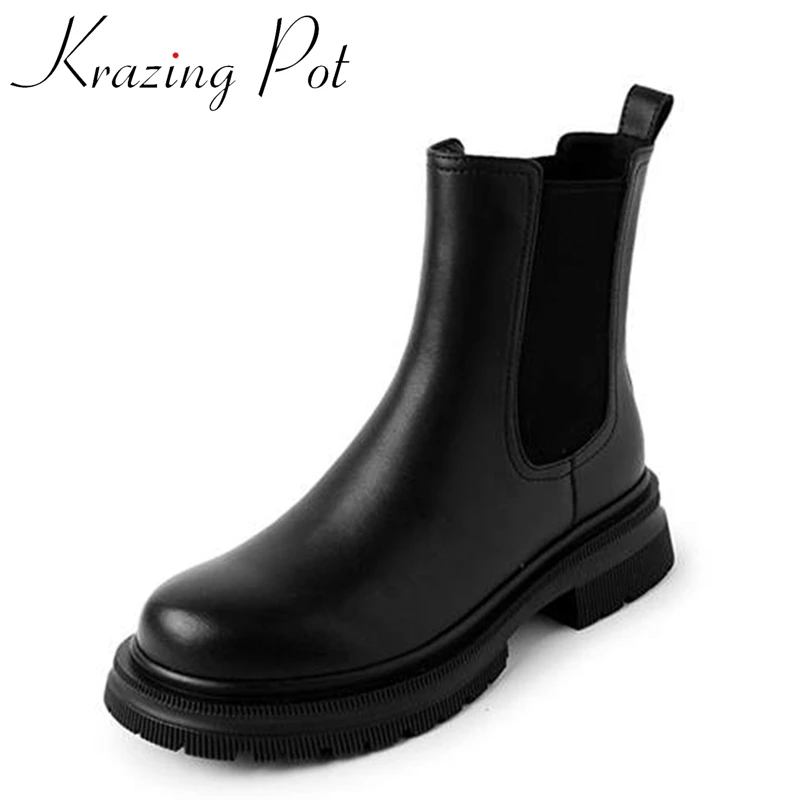 

Krazing Pot New Arrival Full Grain Leather Round Toe Med Heels Chelsea Boots Waterproof Korean Girl Fashion Slip on Ankle Boots