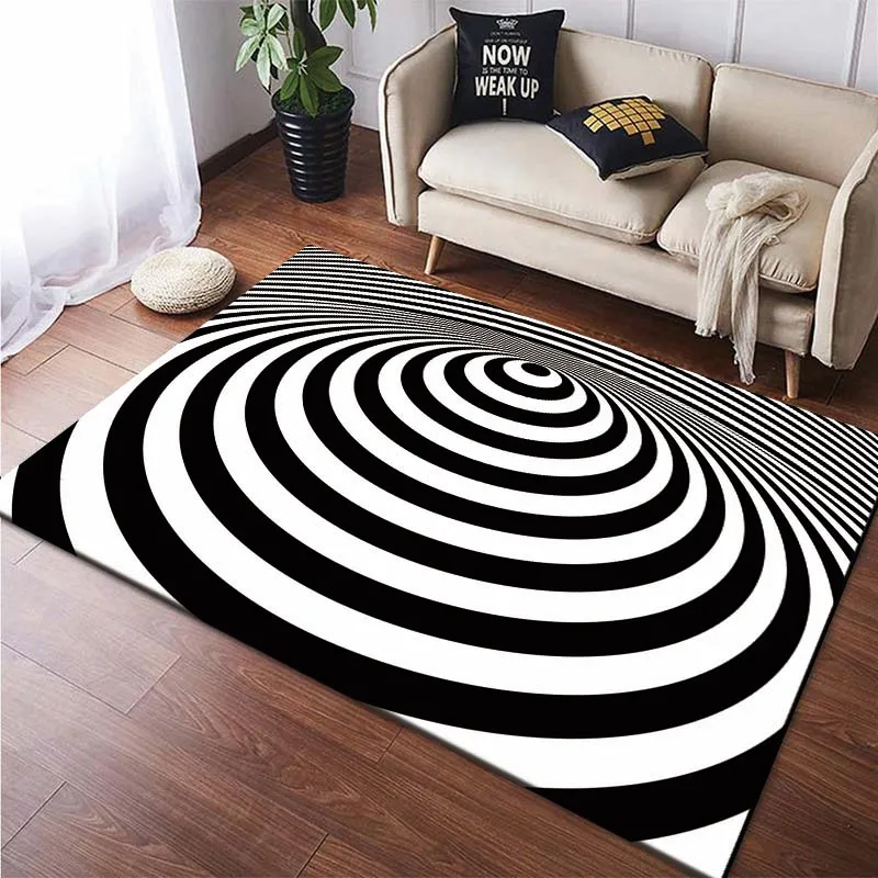 

Черный и белый 3D-коврик с Вихревой иллюзией для спальни, напольный коврик, абстрактный геометрический ковер с оптическим головокружением, нескользящий ковер для декора гостиной