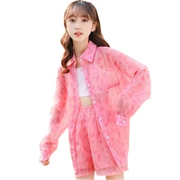 summer girl clothing sets pink leopard 2 piece kids fashion thin shirts with sashes shorts 5 14y teenage casual clothing suits