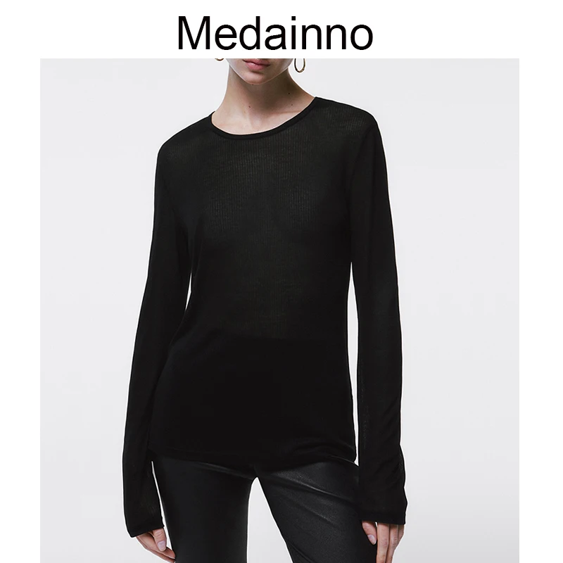 

Medainno 2022 Spring Autumn Fashion Women New Long Sleeve Ribbing Knitted Inside T-shirt Solid Casual Simple Tops Female Chic