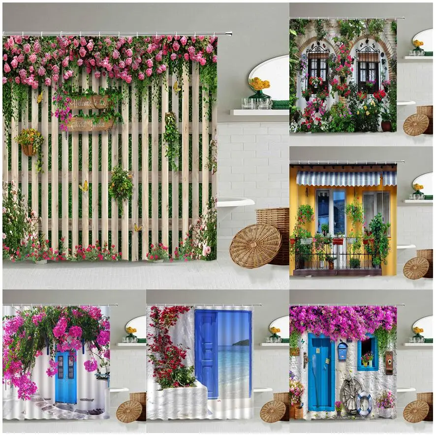 

Cortinas de ducha de flores y mariposas, juegos de decoración de poliéster para baño, valla de madera de color rosa,rosa y verde