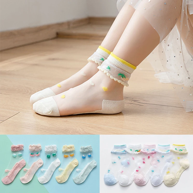

5 Pairs/Lot Girls Socks Summer Breathable Children Short Ankle Socks For 1-5 Years Kids Soft Cotton Lace Princess Mesh Socks