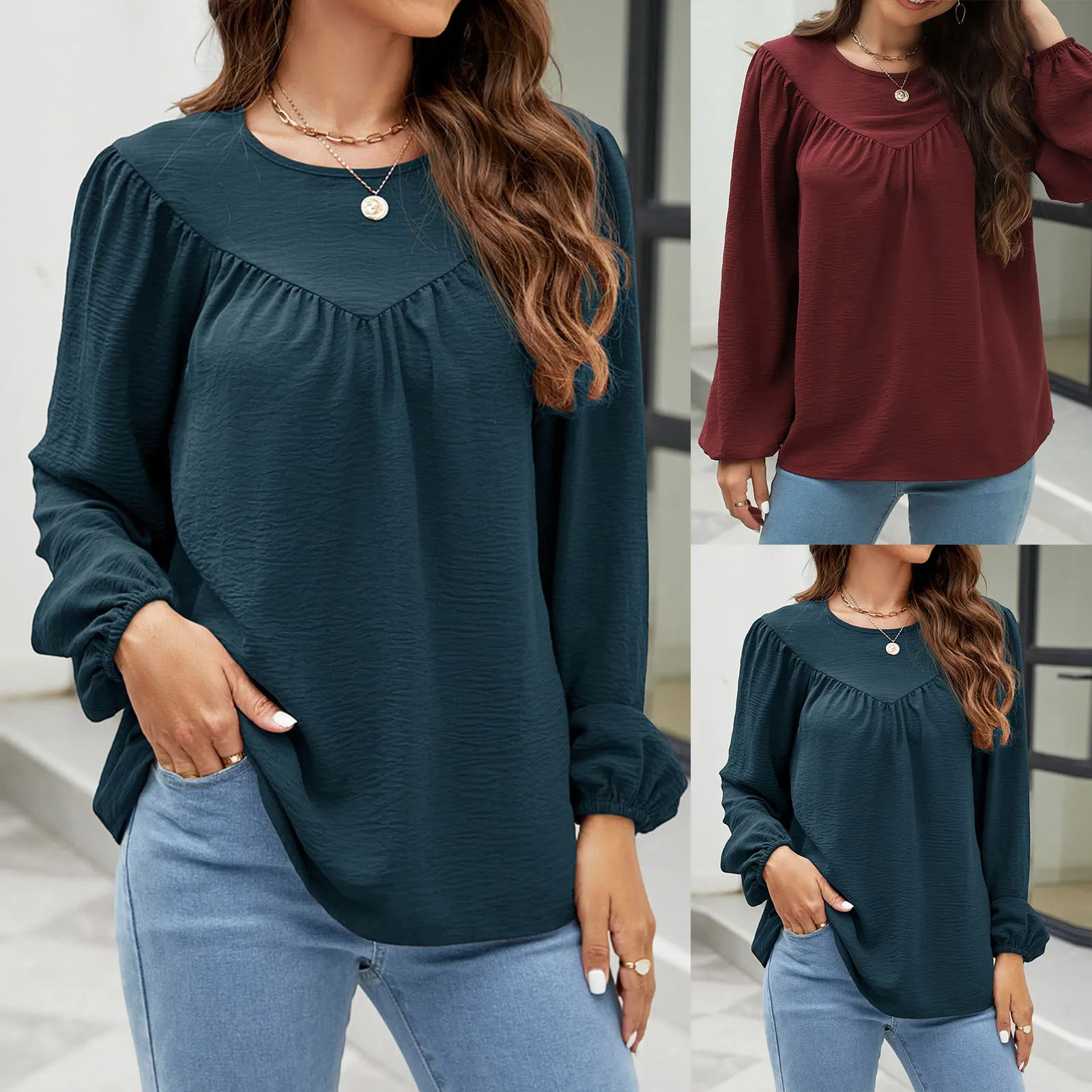 

Women's Dressy Casual Tops Bell Long Sleeve Plisse Pleated Blouse Shirt Elegant Female Crewneck Chiffon Shirts Autumn Streetwear