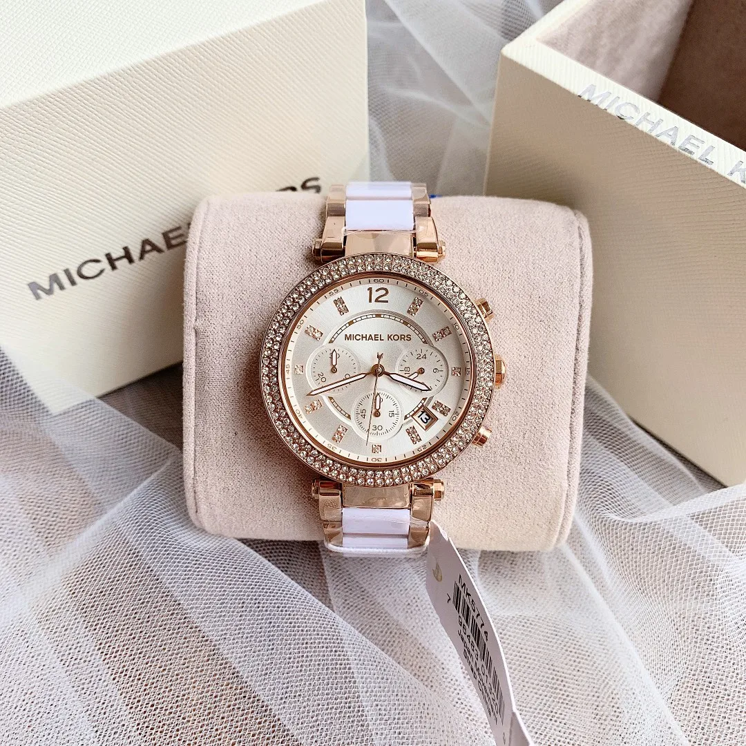 Фото Женские роскошные дизайнерские часы Michael Kors Parker MK-5774, водонепроницаемые кварцевые часы с бриллиантами, модные наручные часы, подарок для подруги №1
