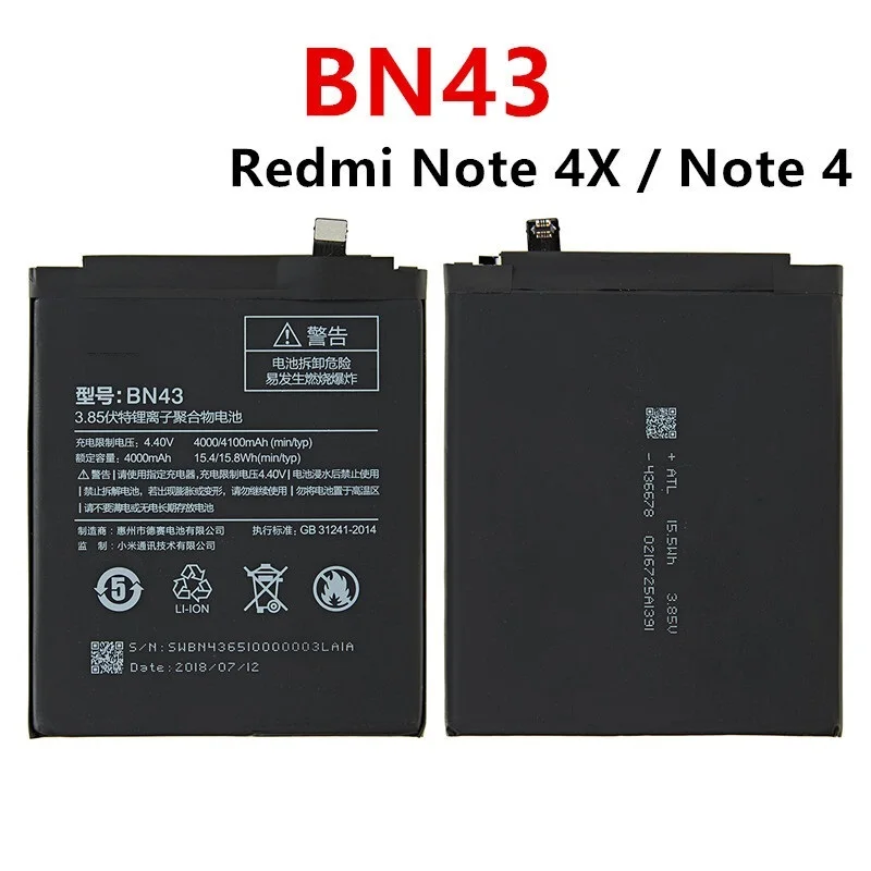 

2022 BN43 Battery 4000mAh For Xiaomi Redmi Note 4X / Note 4 Global Snapdragon 625 High Quality BN43 Battery