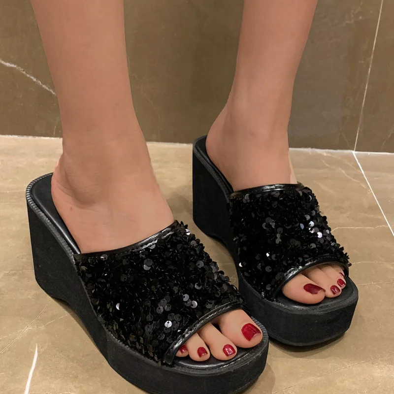Sequin Slippers Women Summer Platform Sandals Bling Bling Wedge Slides Female Shoes Plus Size 43 Zapatos De Mujer Tendencia 2022