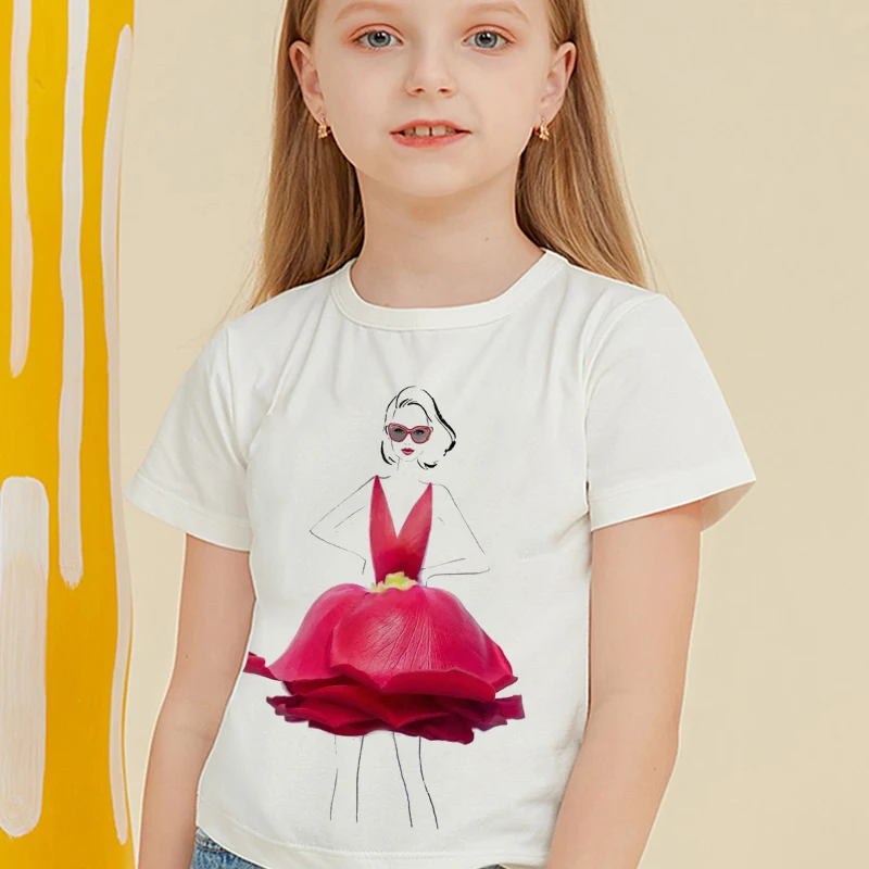 

Rose Girl Cartoon Printing 2022 New Summer Tees Children Clothes Print T-shirt Kids For Girl White Fashion Korean Version Casual