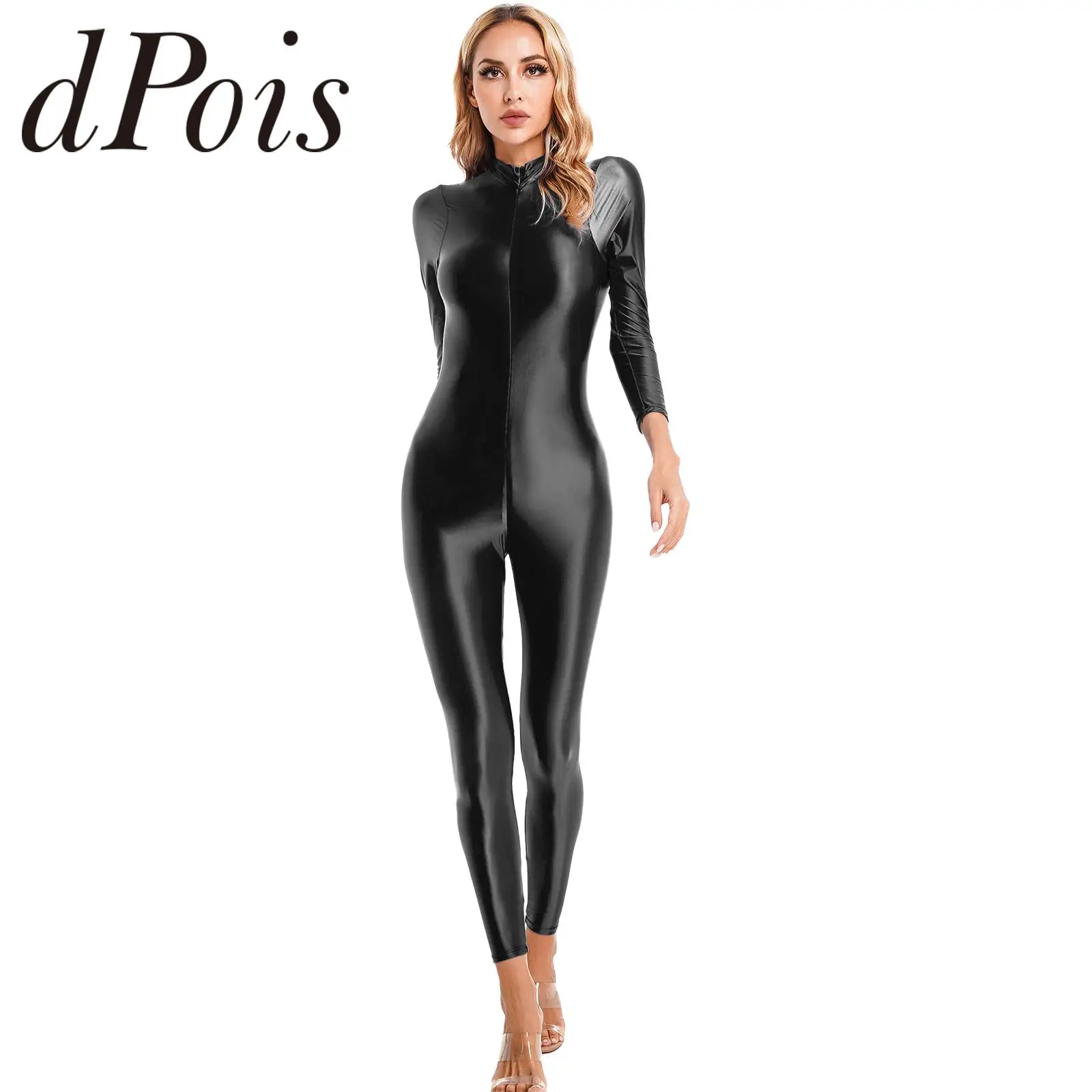 Womens One-piece Lingerie High Neck Long Sleeves Double-ended Zipper Gymnastics Leotard Bodysuit Jumpsuit Swimwear Clubwear