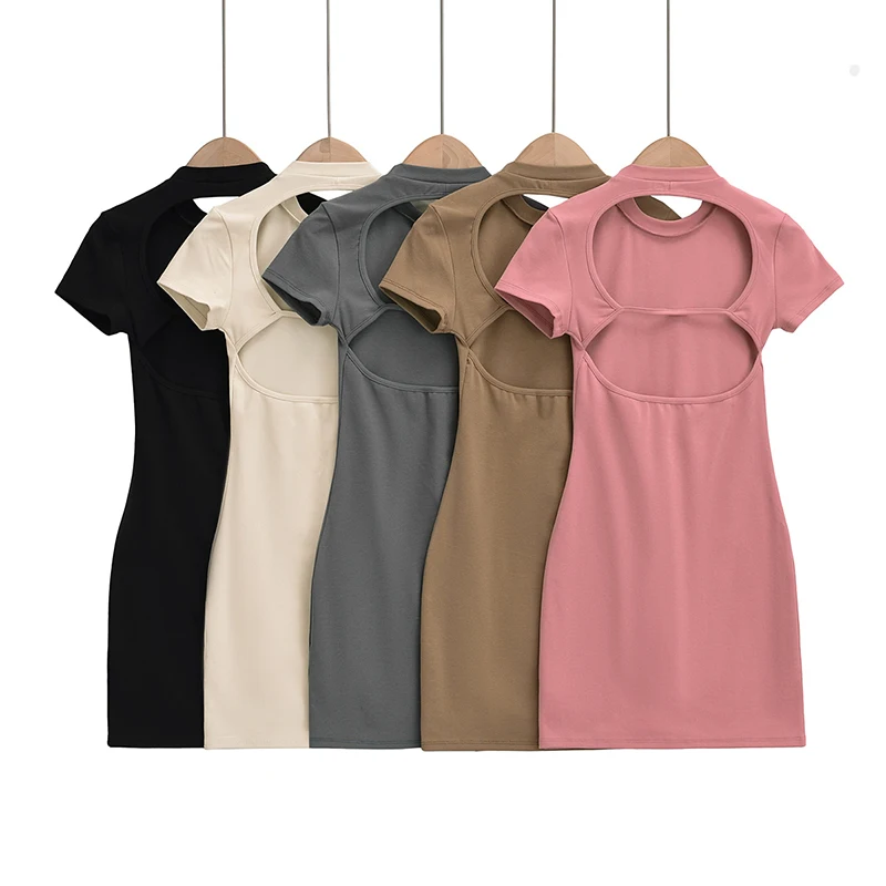 

Short sleeve dresses for women 2023 Summer mini dress sexy one pieces black dresses short hollow out o neck pink dress backless