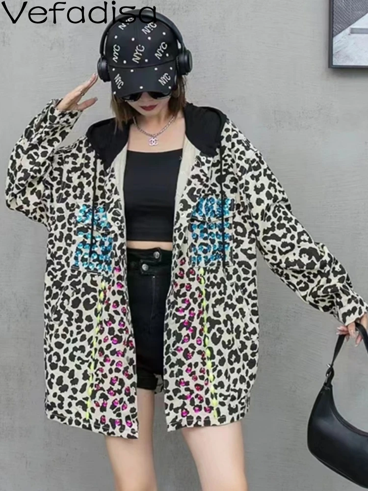 

VefadisaLeopard Coat Women Autumn New 2023 Hooded Denim Top Hip Hop Personalized Jacket Fashion Coats Black Leopard Print ZY1789