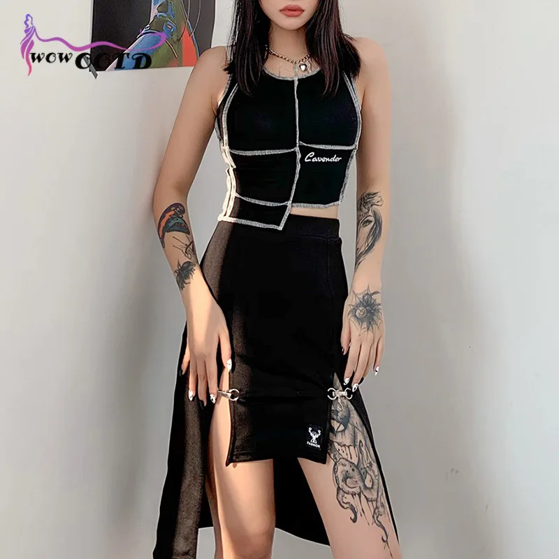 

WOWOOTD Patchwork Women Grunge Pencil Skirt Fashion Streetwear Goth Dark Punk Style Black Sexy Midi Skirts Gothic Slit