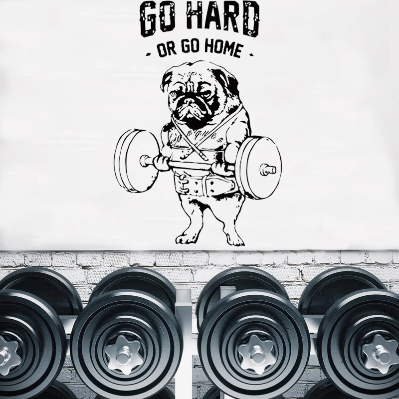 

Strong Pug Wall Sticker Fitness Club Vinyl Decal Training Dumbbells Art Mural Gym Sport Wall Decoration Quote Go Hard or Go Home