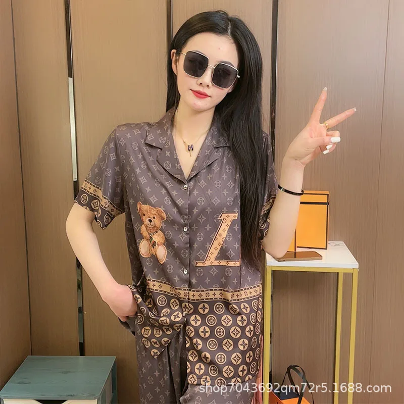 Summer Women Ice Silk Pajama Set Short Sleeve Trousers Designer Thin Spring Home Wear Korean Fashion Retro Printing New