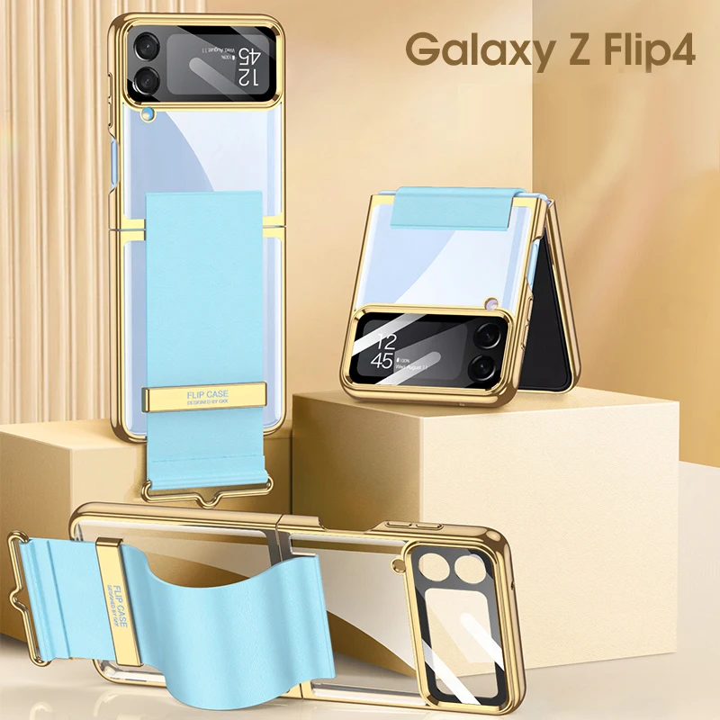 

Прозрачный чехол для Samsung Galaxy Z Flip4 с ремешком на запястье и защитным стеклом