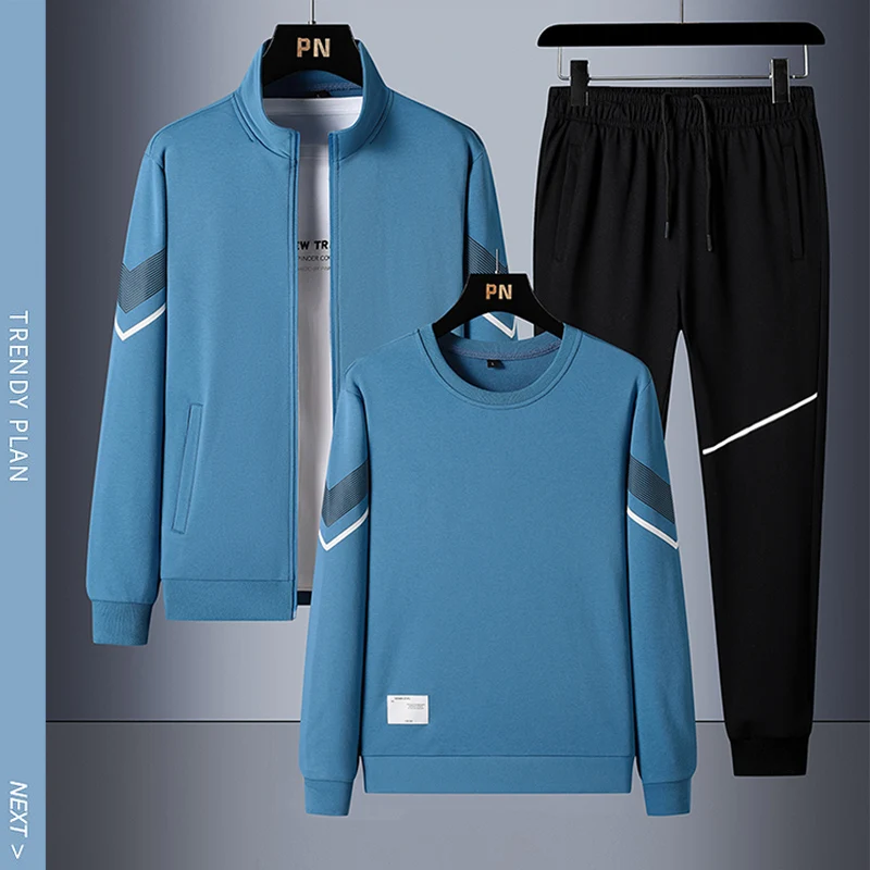 M-6XL Running Men's Tracksuit Solid Sport Cotton Gym 3pcs Set Cardigan Pullover Sweatpants Jacket +T-shirt+Pants