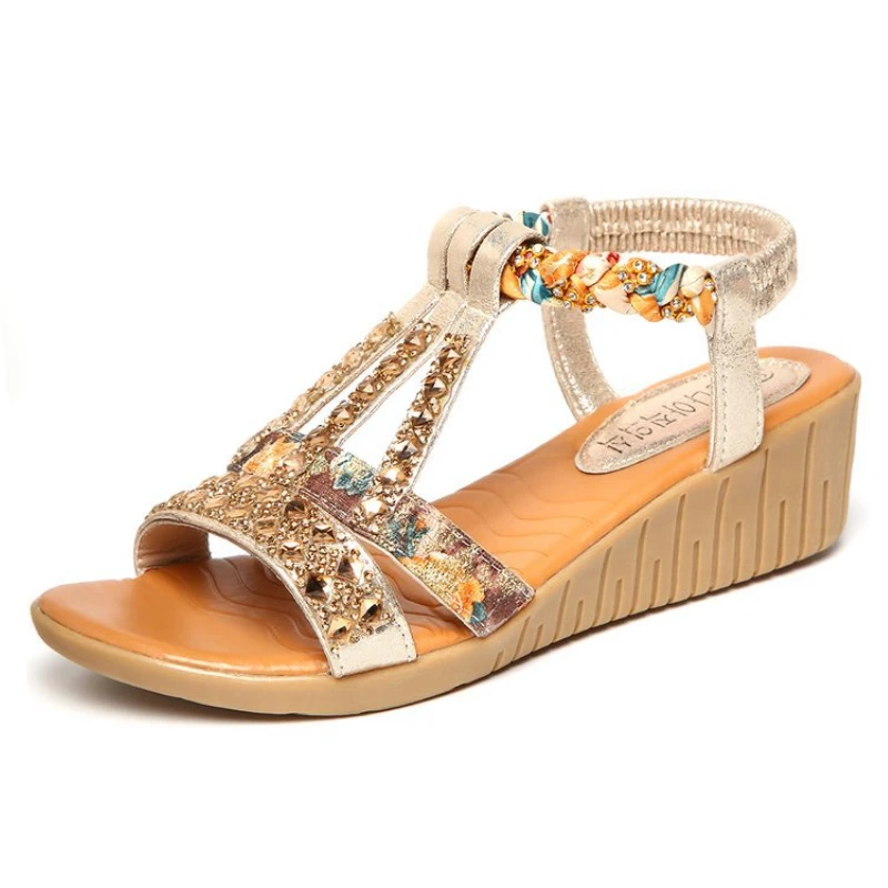

Summer Women's Wedge Sandals 2023 New Casual Bohemia Style Rhinestones Sandals Fashion Female Peep Toe Outdoor Beach Shoes 34-40