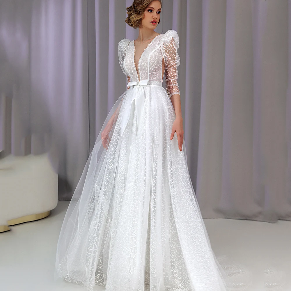 

Exquisite Bride Gowns V-Neck Long Puff Sleeves Zipper Backless Wedding Dresses Bow Tulle A-Line Sweep TrainVestido De Noiva