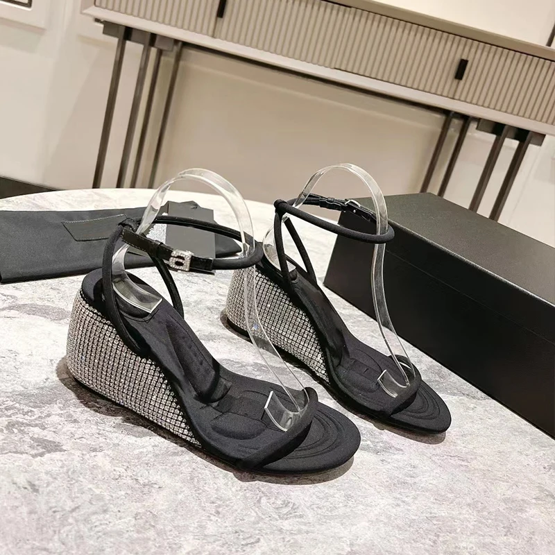 Diamond Word with High Heels Female New Open -toe Letters Buckle Black Slopes Heel Sandals Female