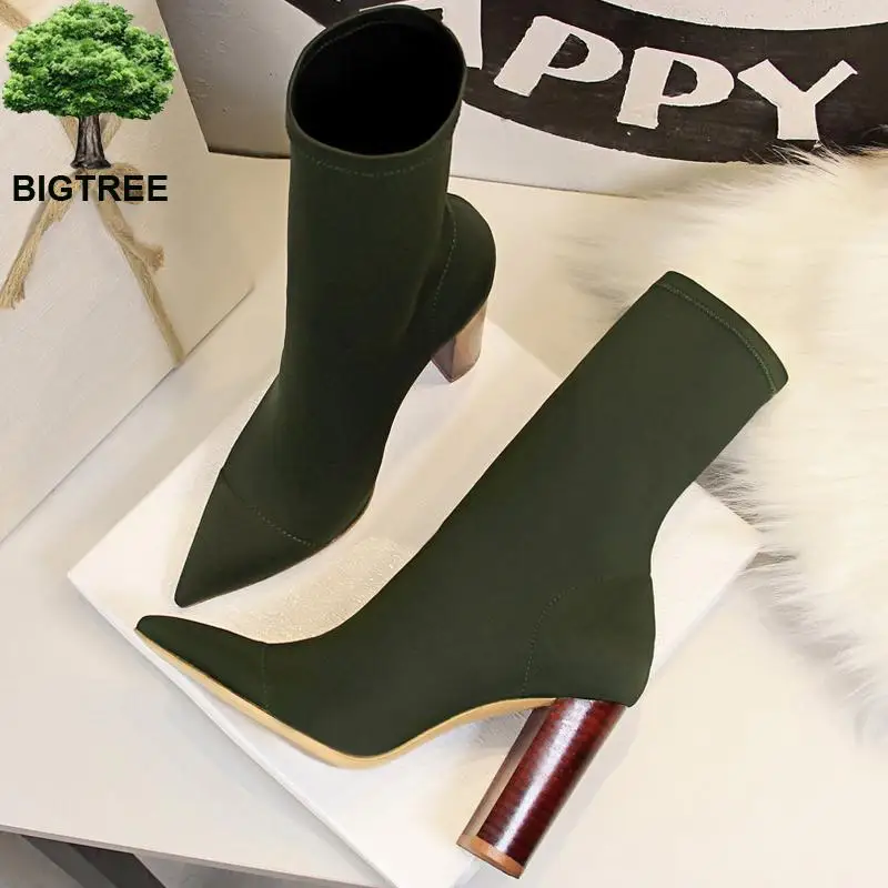 Модная обувь женские Стрейчевые ботинки осенние ботильоны для женщин на высоком
