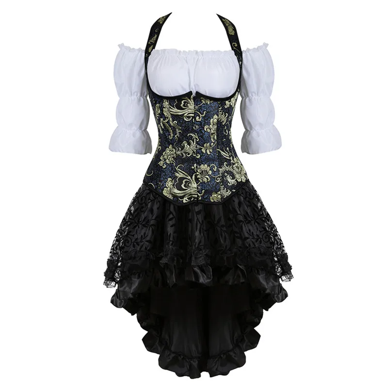 3-Pieces Gothic Corset Dress Embroidery Brocade Underbust Corset Vest Renaissance Blouse Steampunk Lace Skirt Set Party Clubwear