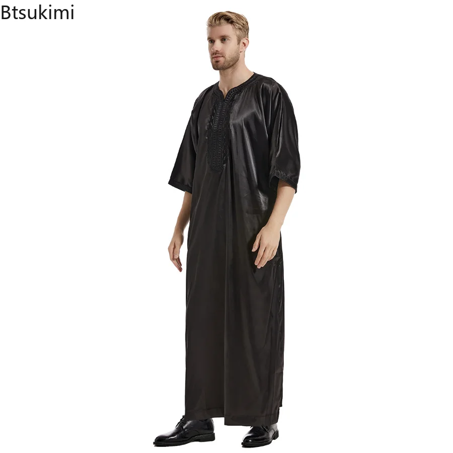 Muslim Fashion Men Kaftan Robe Satin Embroidery Jubba Thobe Arab Saudi Eid Ramadan Turkish Islamic Abaya National Loose Abayas