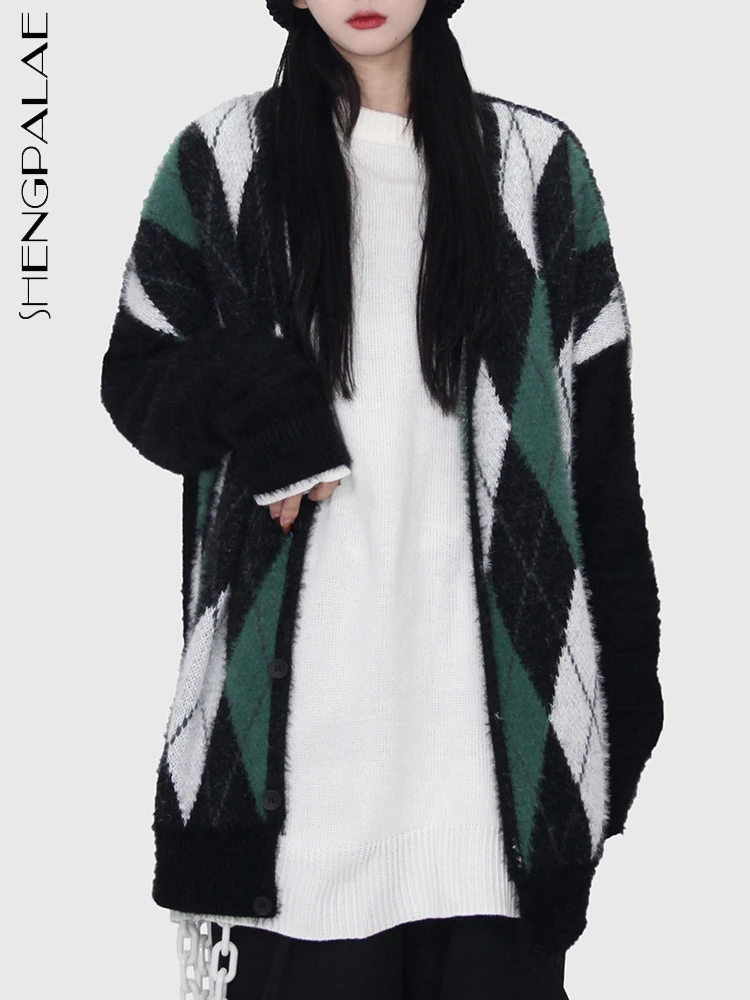 

SHENGPALAE Модный женский свитер ромбовидная решетка мохер v-образный вырез однобортный вязаный кардиган осень 2023 Новый трендовый 5R4978