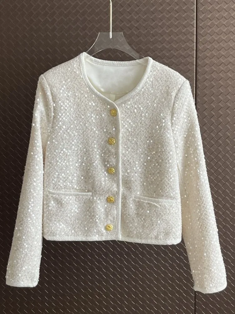 

Runway Korean Brand Luxury Cardigan Sequins Small Fragrance Tweed Jacket Coats For Women French Casacos Outwear Femme