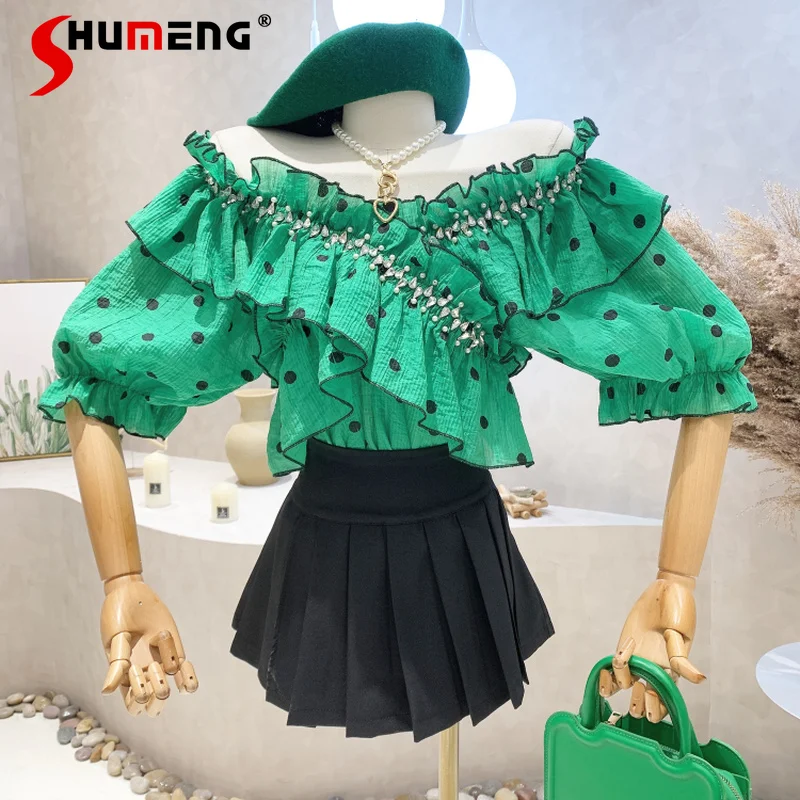 

Women's Polka Dot Shirt Wooden Ears 2022 Summer New Korean Style Short Sleeve Blouse All-Match Off-Shoulder Elegant Top