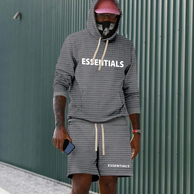 2023 Men's Summer Cotton Grid Stripe Solid Color Trendy Hip Hop Tops Suit Man High Street Oversized Drawstring Shorts