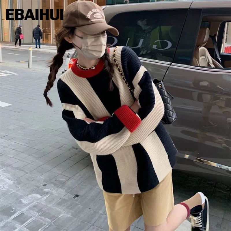 

EBAIHUI Korean Striped Sweater Round Neck Long Sleeve Loose Casual Pullover Fashion Women's Chic Cozy Jumper Tide Autumn Winter