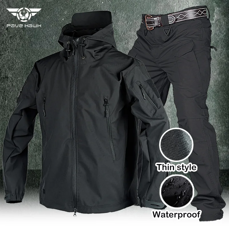 Men's Tactical Sets Military Thin Waterproof Windproof  Hooded Jacket+Cargo Pant Outdoor Multi-pocket Wear-resistant Shark Suit