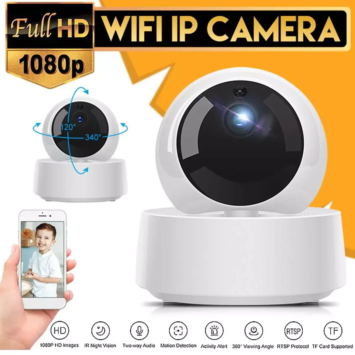 

IP-камера с Wi-Fi, 1080P, 360 градусов, ИК, ночное видение
