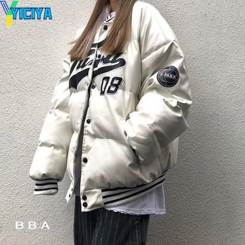 YICIYA Bomber Down Jacket Thicken Women Varsity PU Leather Jacket American Racing Motorcycle University Long Sleeve Vintage Coat