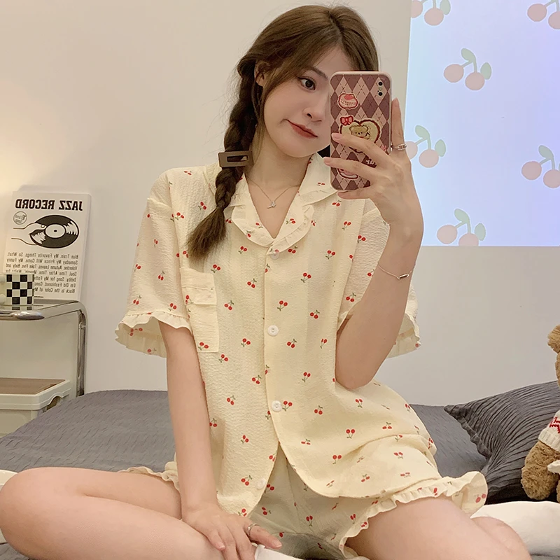 

Summer Pajamas Set For Women Pyjama Pour Femme Pijama Mujer Sweet Cherry Print Cotton Korean Girls Sleepwear Casual Female